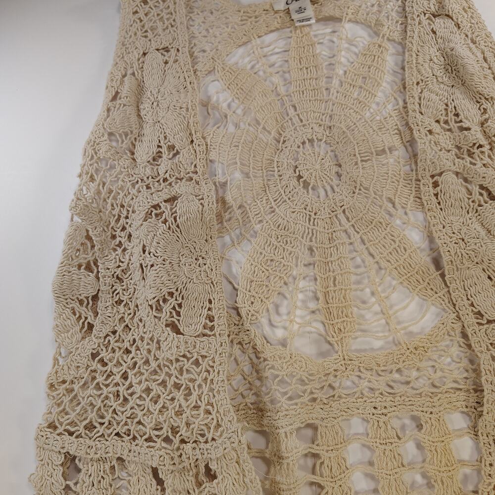 Boho Festival Cato Sz Md Cream Crochet Medallion Flower Fringe Vest Hippie Vibe - Picture 6 of 11